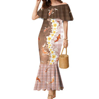 Hawaii And Japan Family Matching Mermaid Dress and Hawaiian Shirt Plumeria Lei With Koi Fish Beige LT05 Mom's Dress Beige - Polynesian Pride