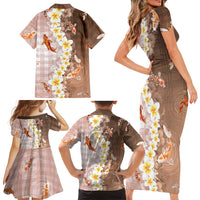 Hawaii And Japan Family Matching Short Sleeve Bodycon Dress and Hawaiian Shirt Plumeria Lei With Koi Fish Beige LT05 - Polynesian Pride