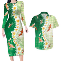 Hawaii And Japan Couples Matching Long Sleeve Bodycon Dress and Hawaiian Shirt Plumeria Lei With Koi Fish Green LT05 Green - Polynesian Pride