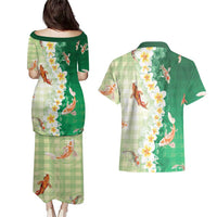 Hawaii And Japan Couples Matching Puletasi and Hawaiian Shirt Plumeria Lei With Koi Fish Green LT05 - Polynesian Pride