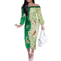 Hawaii And Japan Family Matching Off The Shoulder Long Sleeve Dress and Hawaiian Shirt Plumeria Lei With Koi Fish Green LT05 Mom's Dress Green - Polynesian Pride