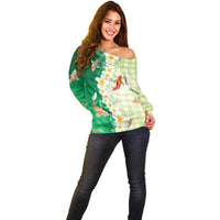 Hawaii And Japan Off Shoulder Sweater Plumeria Lei With Koi Fish Green - Polynesian Pride