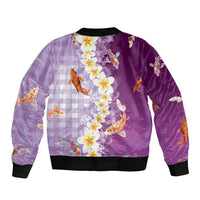 Hawaii And Japan Bomber Jacket Plumeria Lei With Koi Fish Purple - Polynesian Pride