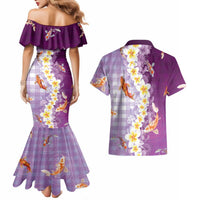 Hawaii And Japan Couples Matching Mermaid Dress and Hawaiian Shirt Plumeria Lei With Koi Fish Purple LT05 - Polynesian Pride
