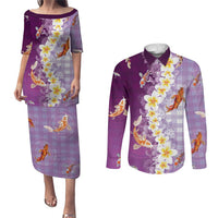 Hawaii And Japan Couples Matching Puletasi and Long Sleeve Button Shirt Plumeria Lei With Koi Fish Purple - Polynesian Pride