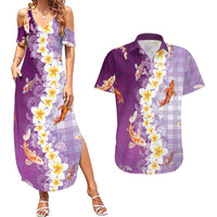 Hawaii And Japan Couples Matching Summer Maxi Dress and Hawaiian Shirt Plumeria Lei With Koi Fish Purple LT05 Purple - Polynesian Pride