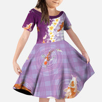 Hawaii And Japan Family Matching Off The Shoulder Long Sleeve Dress and Hawaiian Shirt Plumeria Lei With Koi Fish Purple LT05 Daughter's Dress Purple - Polynesian Pride