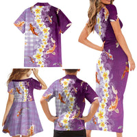 Hawaii And Japan Family Matching Short Sleeve Bodycon Dress and Hawaiian Shirt Plumeria Lei With Koi Fish Purple LT05 - Polynesian Pride