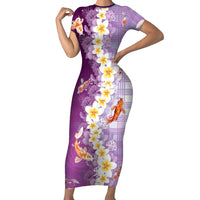 Hawaii And Japan Family Matching Short Sleeve Bodycon Dress and Hawaiian Shirt Plumeria Lei With Koi Fish Purple LT05 Mom's Dress Purple - Polynesian Pride
