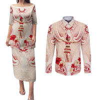 Siva Samoa Couples Matching Puletasi and Long Sleeve Button Shirt Samoan Taupou With Polynesian Pattern LT05 Beige - Polynesian Pride