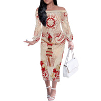 Siva Samoa Off The Shoulder Long Sleeve Dress Samoan Taupou With Polynesian Pattern LT05 Women Beige - Polynesian Pride