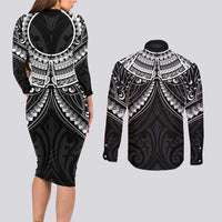 New Zealand Morepork Couples Matching Long Sleeve Bodycon Dress and Long Sleeve Button Shirt Maori Pattern Black