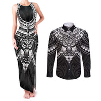 New Zealand Morepork Couples Matching Tank Maxi Dress and Long Sleeve Button Shirt Maori Pattern Black