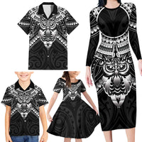 New Zealand Morepork Family Matching Long Sleeve Bodycon Dress and Hawaiian Shirt Maori Pattern Black LT05 - Polynesian Pride