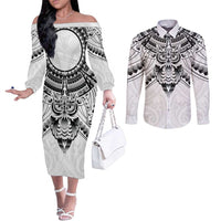 New Zealand Morepork Couples Matching Off The Shoulder Long Sleeve Dress and Long Sleeve Button Shirt Maori Pattern White