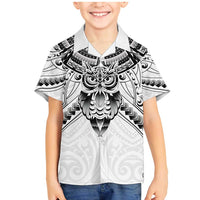 New Zealand Morepork Family Matching Mermaid Dress and Hawaiian Shirt Maori Pattern White LT05 Son's Shirt White - Polynesian Pride
