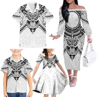 New Zealand Morepork Family Matching Off The Shoulder Long Sleeve Dress and Hawaiian Shirt Maori Pattern White LT05 - Polynesian Pride