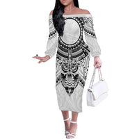 New Zealand Morepork Family Matching Off The Shoulder Long Sleeve Dress and Hawaiian Shirt Maori Pattern White LT05 Mom's Dress White - Polynesian Pride