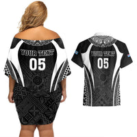 Custom Fiji Rugby Couples Matching Off Shoulder Short Dress and Hawaiian Shirt Fijian Warrior Black LT05 - Polynesian Pride