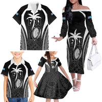 Custom Fiji Rugby Family Matching Off The Shoulder Long Sleeve Dress and Hawaiian Shirt Fijian Warrior Black LT05 - Polynesian Pride