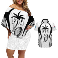 Custom Fiji Rugby Couples Matching Off Shoulder Short Dress and Hawaiian Shirt Fijian Warrior White LT05 White - Polynesian Pride