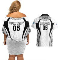 Custom Fiji Rugby Couples Matching Off Shoulder Short Dress and Hawaiian Shirt Fijian Warrior White LT05 - Polynesian Pride