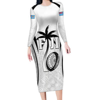 Custom Fiji Rugby Family Matching Long Sleeve Bodycon Dress and Hawaiian Shirt Fijian Warrior White LT05 Mom's Dress White - Polynesian Pride