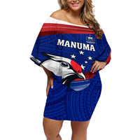 Custom Samoa Rugby Off Shoulder Short Dress Manuma Ptilinopus Perousii LT05 Women Blue - Polynesian Pride