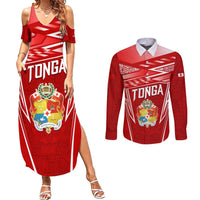 Custom Tonga Rugby Couples Matching Summer Maxi Dress and Long Sleeve Button Shirt Kupesi Ngatu Pattern LT05 Red - Polynesian Pride