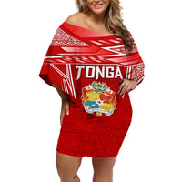 Custom Tonga Rugby Off Shoulder Short Dress Kupesi Ngatu Pattern LT05 Women Red - Polynesian Pride