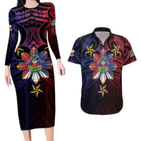 Haiti Philippines Couples Matching Long Sleeve Bodycon Dress and Hawaiian Shirt Haitian Coat Of Arms With Filipino Sun LT05 Black - Polynesian Pride