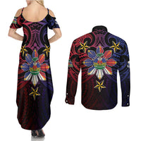 Haiti Philippines Couples Matching Summer Maxi Dress and Long Sleeve Button Shirt Haitian Coat Of Arms With Filipino Sun LT05 - Polynesian Pride