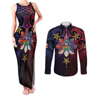 Haiti Philippines Couples Matching Tank Maxi Dress and Long Sleeve Button Shirt Haitian Coat Of Arms With Filipino Sun LT05 Black - Polynesian Pride