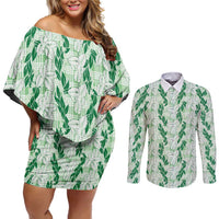 Hawaii Ti Leaf Maile Tuberose Lei Couples Matching Off Shoulder Short Dress and Long Sleeve Button Shirt With Hanalei Leaf Green