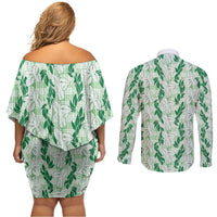Hawaii Ti Leaf Maile Tuberose Lei Couples Matching Off Shoulder Short Dress and Long Sleeve Button Shirt With Hanalei Leaf Green