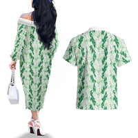 Hawaii Ti Leaf Maile Tuberose Lei Couples Matching Off The Shoulder Long Sleeve Dress and Hawaiian Shirt With Hanalei Leaf Green