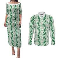 Hawaii Ti Leaf Maile Tuberose Lei Couples Matching Puletasi and Long Sleeve Button Shirt With Hanalei Leaf Green
