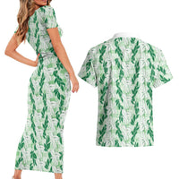 Hawaii Ti Leaf Maile Tuberose Lei Couples Matching Short Sleeve Bodycon Dress and Hawaiian Shirt With Hanalei Leaf Green