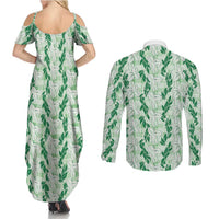 Hawaii Ti Leaf Maile Tuberose Lei Couples Matching Summer Maxi Dress and Long Sleeve Button Shirt With Hanalei Leaf Green