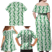 Hawaii Ti Leaf Maile Tuberose Lei Family Matching Off Shoulder Maxi Dress and Hawaiian Shirt With Hanalei Leaf Green