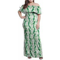 Hawaii Ti Leaf Maile Tuberose Lei Family Matching Off Shoulder Maxi Dress and Hawaiian Shirt With Hanalei Leaf Green