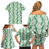 Hawaii Ti Leaf Maile Tuberose Lei Family Matching Off Shoulder Short Dress and Hawaiian Shirt With Hanalei Leaf Green