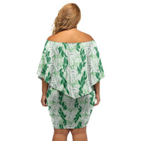 Hawaii Ti Leaf Maile Tuberose Lei Family Matching Off Shoulder Short Dress and Hawaiian Shirt With Hanalei Leaf Green