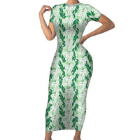 Hawaii Ti Leaf Maile Tuberose Lei Family Matching Short Sleeve Bodycon Dress and Hawaiian Shirt With Hanalei Leaf Green LT05 Mom's Dress Green - Polynesian Pride