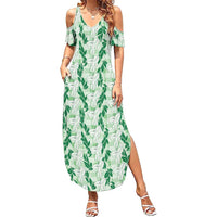 Hawaii Ti Leaf Maile Tuberose Lei Family Matching Summer Maxi Dress and Hawaiian Shirt With Hanalei Leaf Green