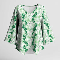 Hawaii Ti Leaf Maile Tuberose Lei Kimono Sleeve Blouse With Hanalei Leaf Green