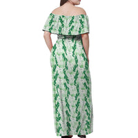 Hawaii Ti Leaf Maile Tuberose Lei Off Shoulder Maxi Dress With Hanalei Leaf Green