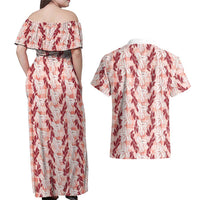 Hawaii Ti Leaf Maile Tuberose Lei Couples Matching Off Shoulder Maxi Dress and Hawaiian Shirt With Hanalei Leaf Red