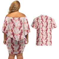 Hawaii Ti Leaf Maile Tuberose Lei Couples Matching Off Shoulder Short Dress and Hawaiian Shirt With Hanalei Leaf Red