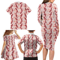 Hawaii Ti Leaf Maile Tuberose Lei Family Matching Long Sleeve Bodycon Dress and Hawaiian Shirt With Hanalei Leaf Red